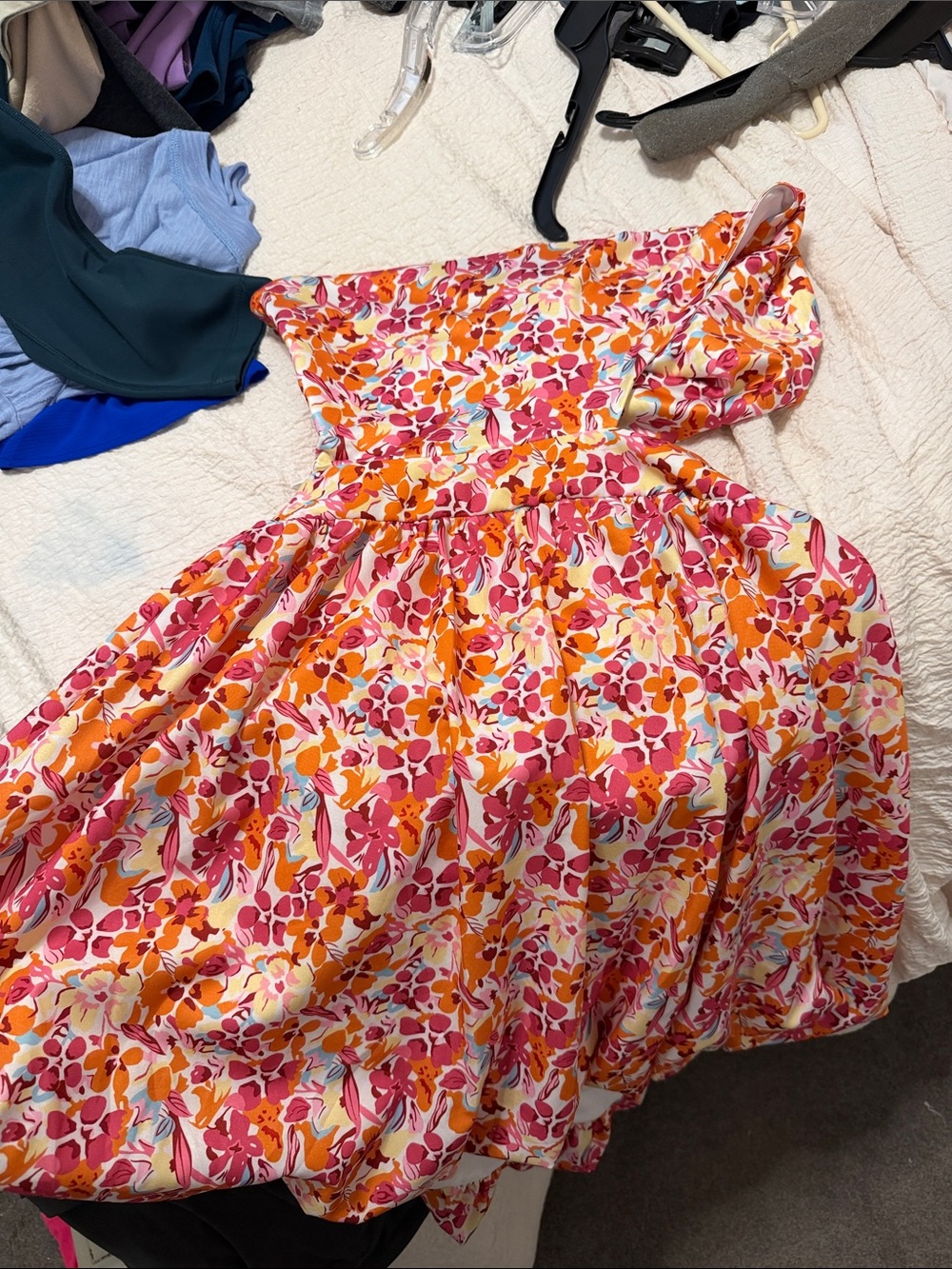 SHEIN One-Shoulder Floral Dress in Pink and Orange